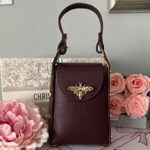New Mini Burgundy Leather Studded Handbag Crossbody and Gold Accents